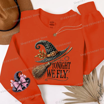 EtherealBe Halloween witch hat sweatshirt for women in orange with spooky design and cozy fit