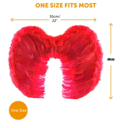 Red angel wings halo costume set with fluffy feathers, one size fits most, 22 inches wide