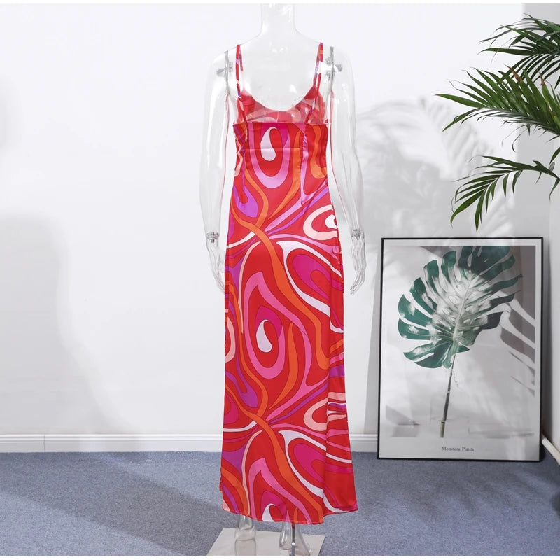 Chic Print Sling Long Dress Women Sleevless Backless Side Split Party Dresses 2025 Summer Street Beach Lady Ankle-length Robes