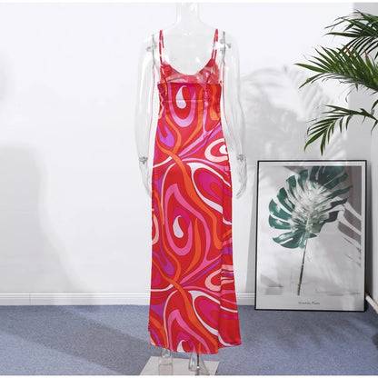 Chic Print Sling Long Dress Women Sleevless Backless Side Split Party Dresses 2025 Summer Street Beach Lady Ankle-length Robes