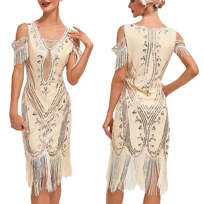 1920s Vintage Flapper Great Gatsby Party Dress V-neck Sleeveless Sequin Beaded Style Style Tassel Flapper Vestidos Feminina 1920