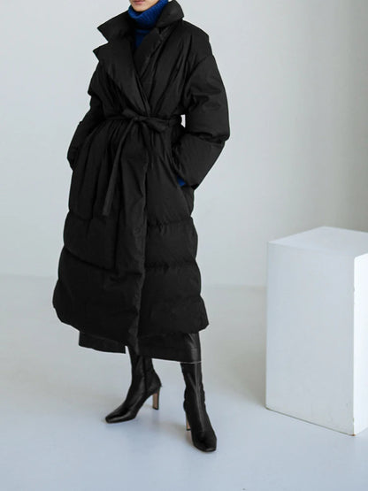 Winter New Stand Collar Long Down Jackets Loose Belt Long Sleeve Warm Coat Fashion Solid Cotton Padded Warm Down Overcoat Women