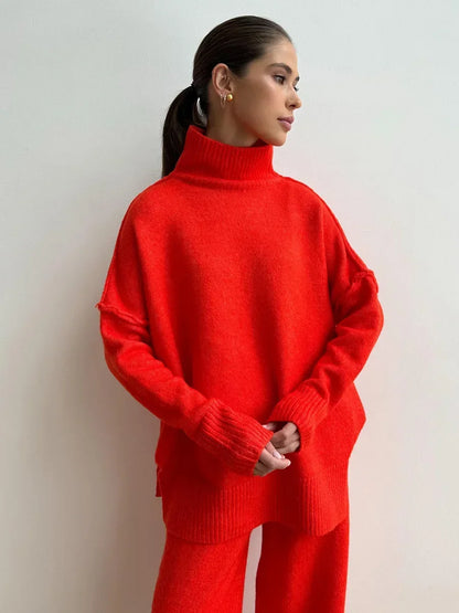 Bornladies Women's Autumn Winter Turtleneck Sweater Pants Set Loose Casual Knitted Sweater  Thicke Loose Pullover 2 Pieces Sets