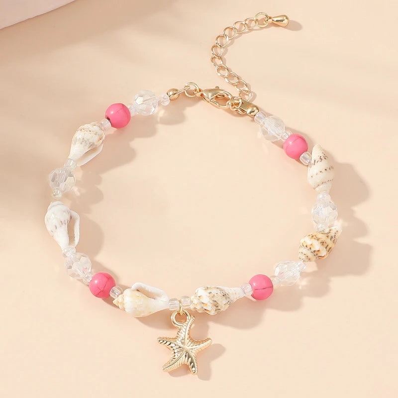 EtherealBe Bohemian Beach Bracelet with Shells, Pink Beads, and Starfish Charm for Summer Style