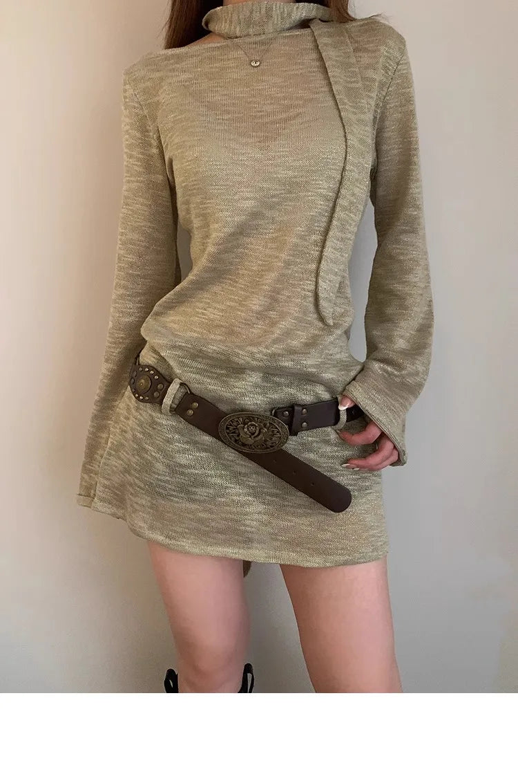 N Retro Ethnic Belt Y2K Bohemian Dress With a Wide Brown Belt