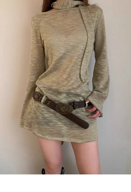 N Retro Ethnic Belt Y2K Bohemian Dress With a Wide Brown Belt