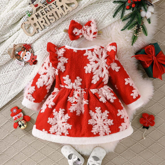 Infant Kids Girls Christmas Children's Long Sleeved Plush Santa Claus Embroidered Dress Dress+Headband Costumes Party Dresses