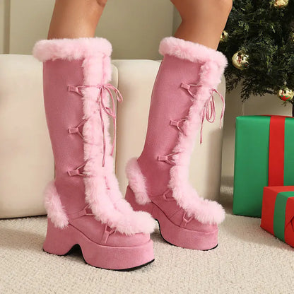 8CM Chunk Heels Winter Warm Knee High Boots Women Snow Short Plush Platform Boots Faux Fur Cosplay Lace-up Long Shoes Size 34-43