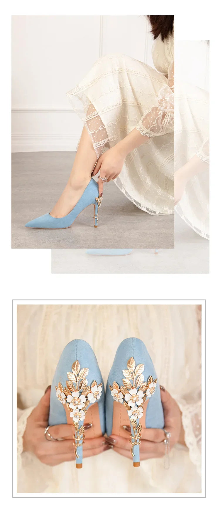 Elegant blue flower embellished women's heels featuring stunning floral decorations and a chic design