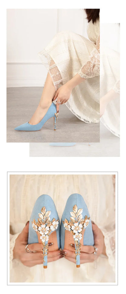 Elegant blue flower embellished women's heels featuring stunning floral decorations and a chic design