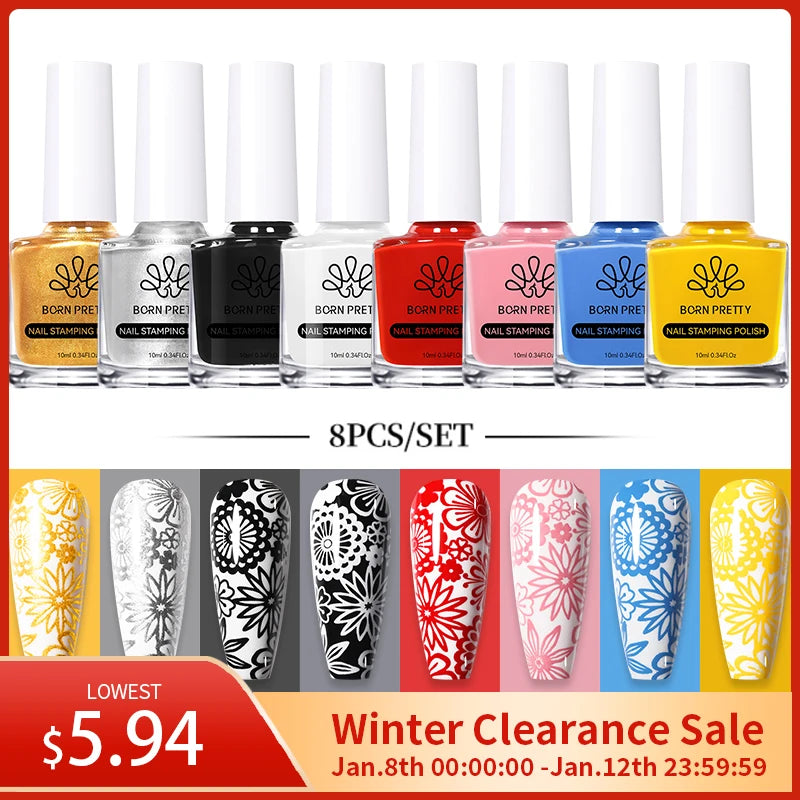 BORN PRETTY 10ml Stamping Nail Polish Set Gold Silver Black White Color Nail Printing Polish DIY for Nail Plate Design Varnish