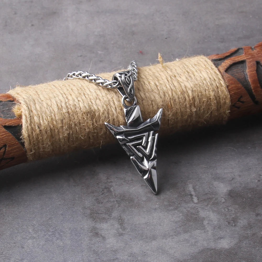 Odin Valknut Rune Necklace - vikings spear Men's Stainless Steel Necklace in Wooden Box