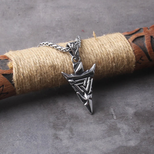 Odin Valknut Rune Necklace - vikings spear Men's Stainless Steel Necklace in Wooden Box