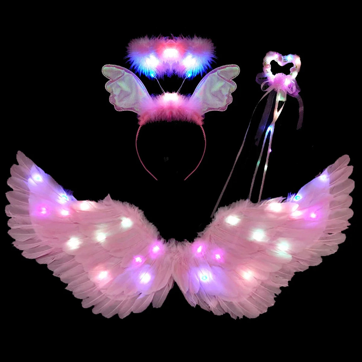 Light up angel costume for girls featuring glowing wings, headband, and wand for festive celebrations