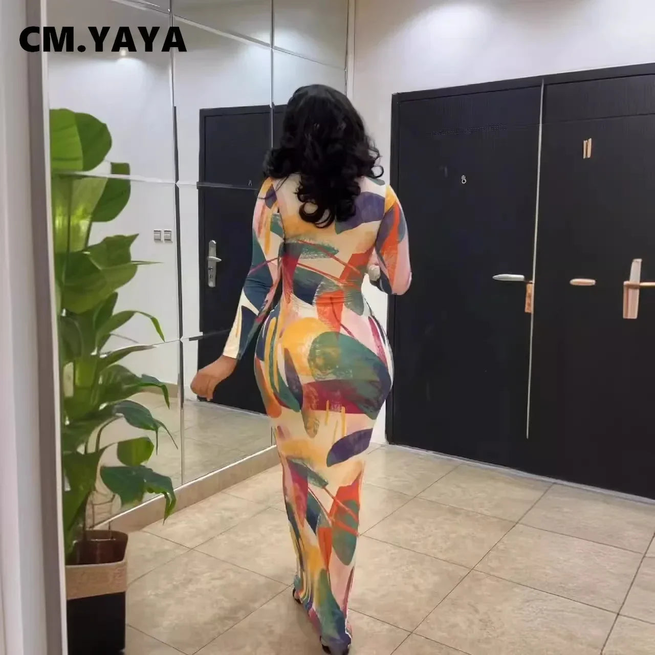 CM.YAYA Women Printed Cutout Front Long Sleeve O-neck Bodycon Midi Maxi Dress Evening Party Night Club Holiday Dresses Vestidos