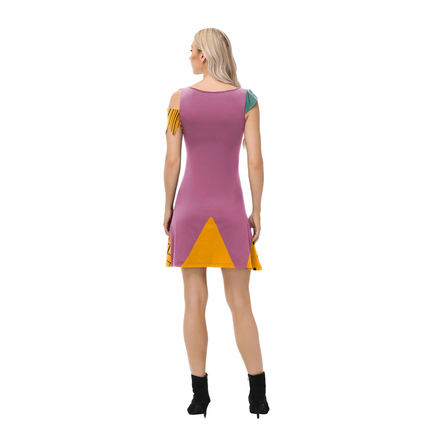 Back view of the Nightmare Before Christmas Sally cosplay costume featuring vibrant patchwork design