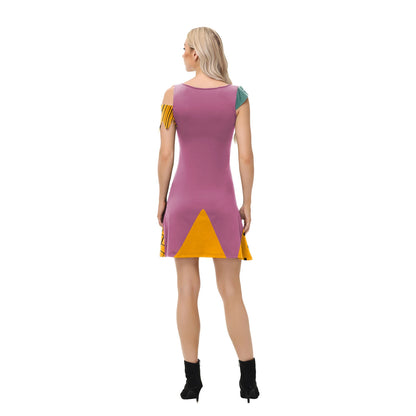 Back view of the Nightmare Before Christmas Sally cosplay costume featuring vibrant patchwork design