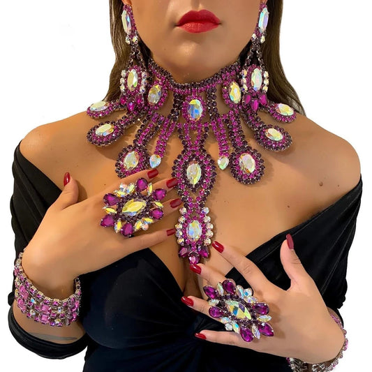 Purple Crystal Necklace Earrings Bracelet Rings Set Wedding Women Exaggerate Decoration Nigeria Bridal Jewelry Sets Party Gift