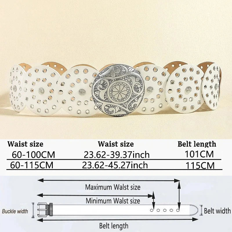 Women's Western Denim Belt High Quality Metal Hollow Ladies Trend Wide Waistband Vintage Personalized Round Belts DT148