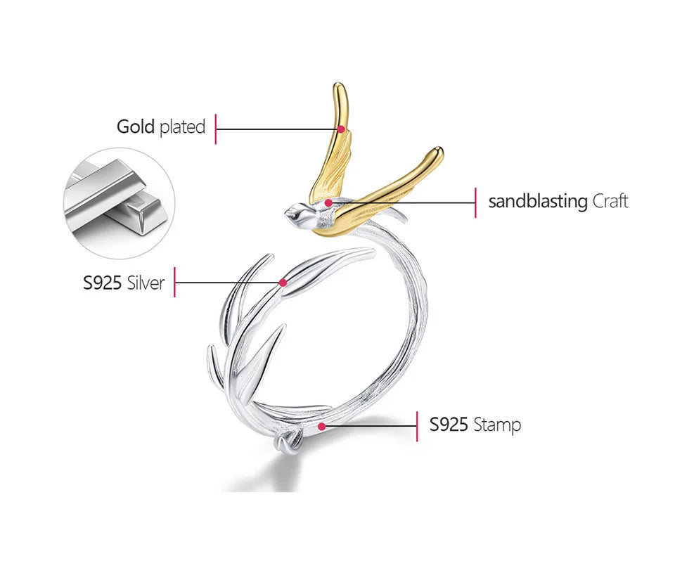 Lotus Fun 18K Gold Swallow Willow Branch Unusual Asymmetrical Rings for Women Real 925 Sterling Silver Original Fine Jewelry