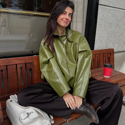 Vintage Solid Pu Leather Jacket Skirt Set High Neck Coat Slim Fit Long Skirt Coats Skirt Sets 2025 New Autumn Winter Lady Outfit
