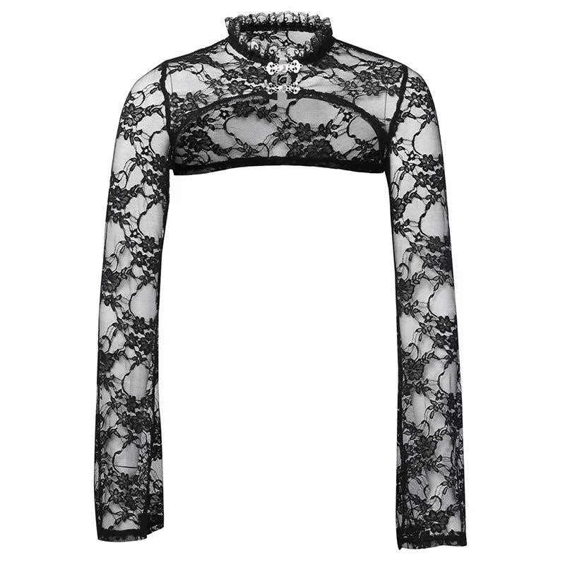 Vintage Dark Gothic Lace Mesh Long Flare Sleeve Overlay Turtleneck Covers Grunge Aesthetic Black Tops Streetwear for Women Egirl