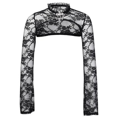 Vintage Dark Gothic Lace Mesh Long Flare Sleeve Overlay Turtleneck Covers Grunge Aesthetic Black Tops Streetwear for Women Egirl