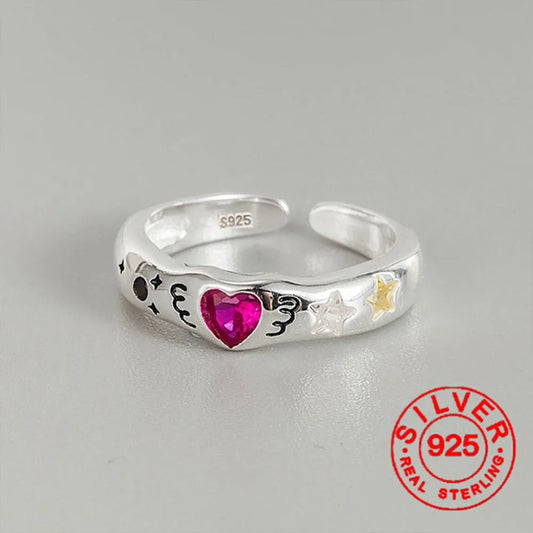 BF CLUB Silver Color Rings for Women Fashion Geometric Handmade Irregular Red Heart Ring Party Christmas Gift
