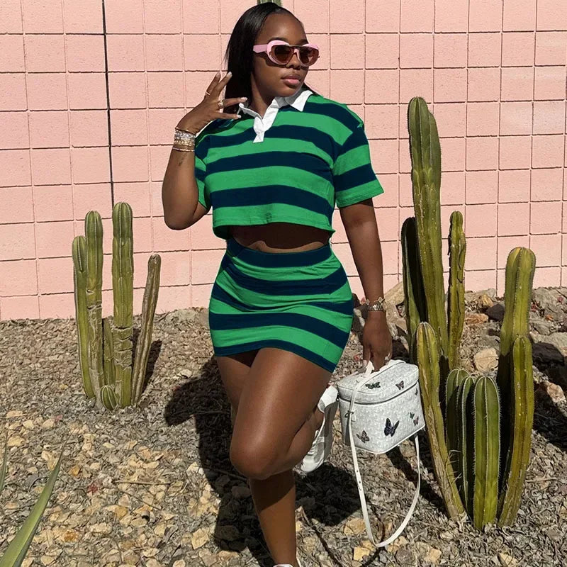 Sporty Fitness Striped Print 2 Pieces Set for Woman Streetwear Casual Turn-down Collar Shirt Crop Top and Mini Skirt Sets Summer
