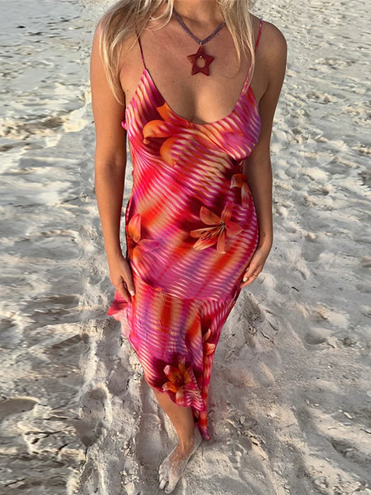 Printed Backless Women's Slip Dresses French Retro Romantic Irregular Hem Ruffles Edges Sexy Summer Y2K Suspender Long Dress