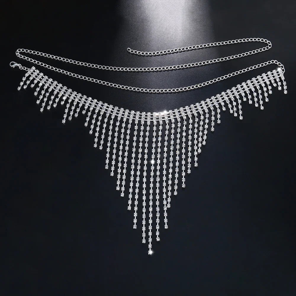 Sexy Rhinestone Bra And Thong Set For Women Bikini Nightclub Prom Body Chain Mesh bra tassel Underwear Hollow Jewelry