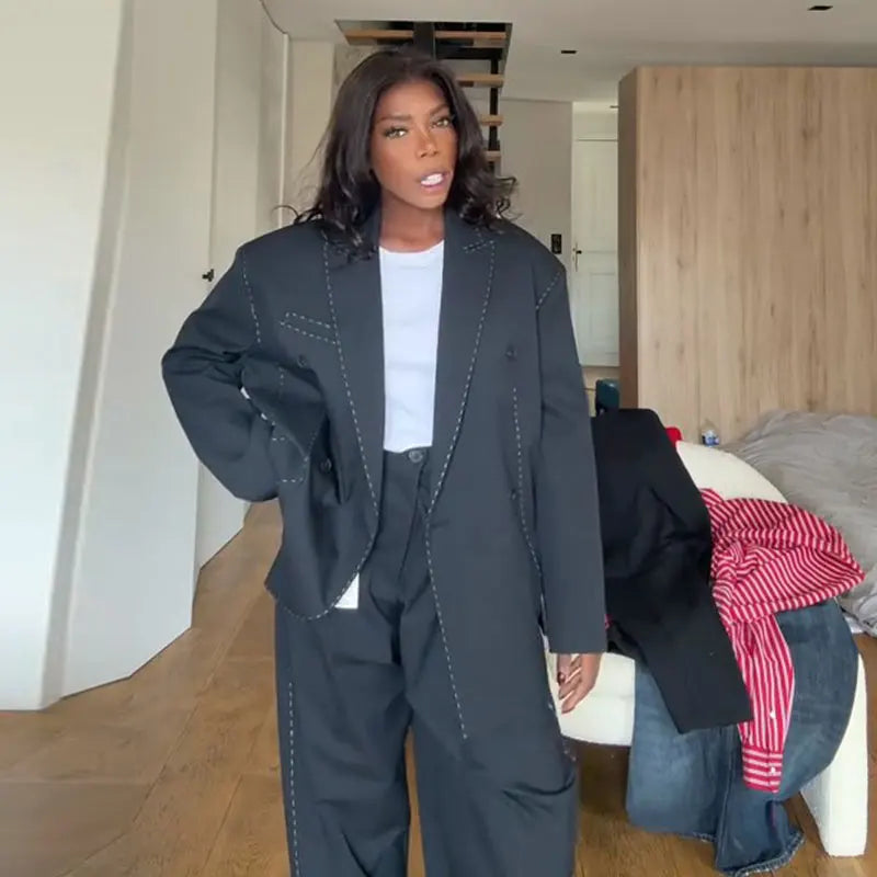 Casual Loose Women's Blazer Pant Suits Lapel Doube-Breasted Top Straight Pants Lady Set 2025 Autumn New 2 Pieces Set Women