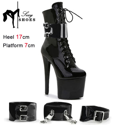 New Sexy Red Fetish Zip Women's Boots T Show Lock Belt Buckle Club Party Ankle Boots Thin High Heels Laces Stripper Heels Boots