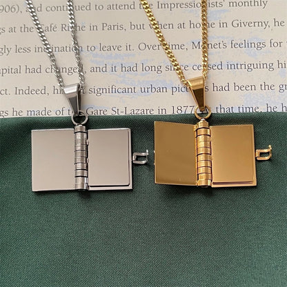 Book Lovers Necklace Stainless Steel Engraved Openable Book Chain Pendant Necklaces for Women Men Vintage Jewelry Gift