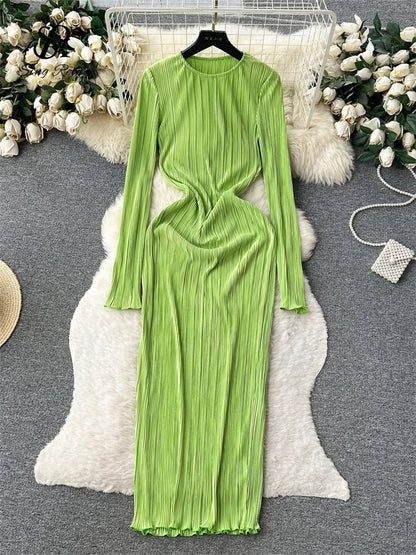 SINGREINY Solid Pleated Long Dress O Neck Full Flare Sleeves HIgh Elastic Female Skinny Fashion Autumn Retro Bodycon Party Dress
