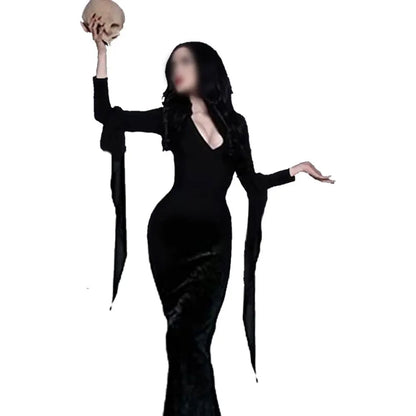 EtherealBe black velvet mermaid gown with trailing sleeves and skull prop Wednesday Addams cosplay dress for women