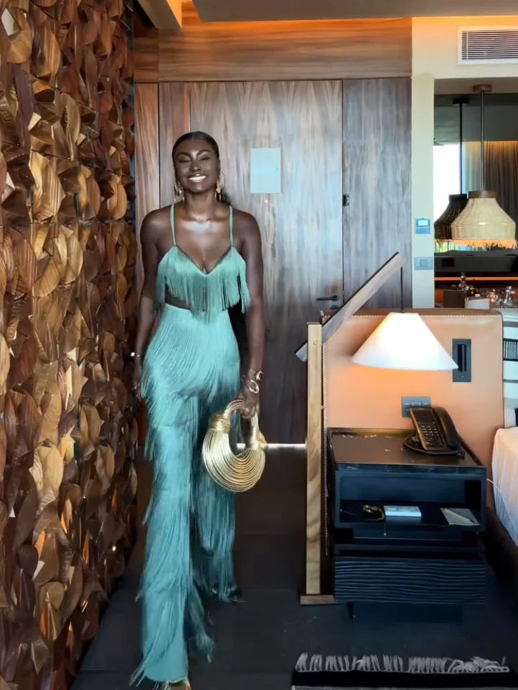 Elegant Mint Green Fringe Pant Set For Women Sexy V-neck Strap Crop Top High Waist Long Trouser Suit Lady 2025 Chic Party Outfit
