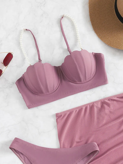 New Swimsuit Women Three Piece Set Solid Blue/Red/Orange/Black Summer Bikini European American Scallop 2024 Swimsuits Wholesale