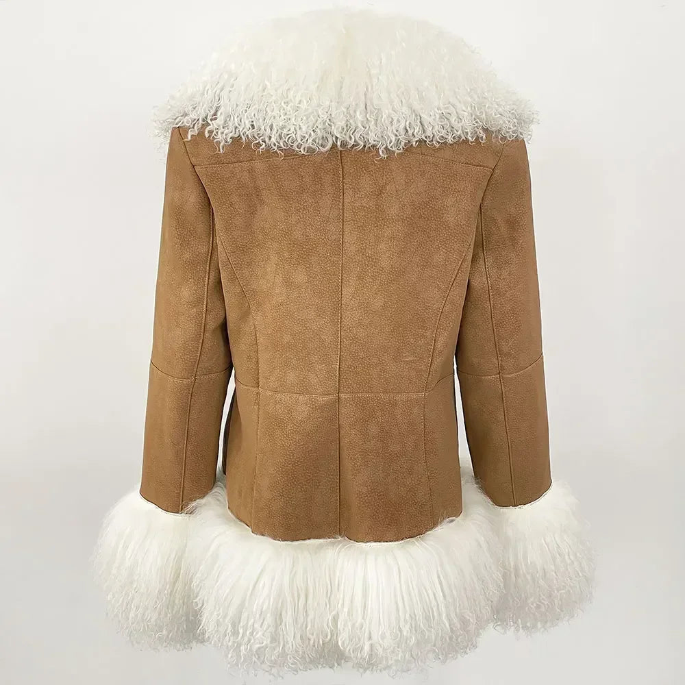Autumn Winter Women Coat Real Natural Mongolia Sheep Fur Turn-down Collar New Fashion Jacket Thick Warm Casual Overwear
