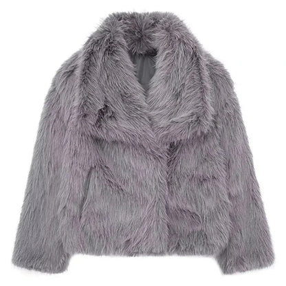 HH Winter Women Elegant Warm Plush Coat Turn-Down Collar Thick Cardigan Coat Female Pocket Long Sleeve Short Outerwear Mujer