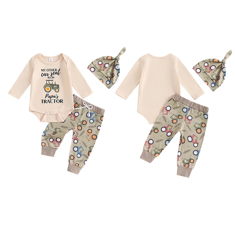 2024-06-01 Lioraitiin 0-18M Baby Boy Fall Outfit Letter Print Long Sleeve Romper and Tractor Print Pants Hat Spring 3 Piece Set
