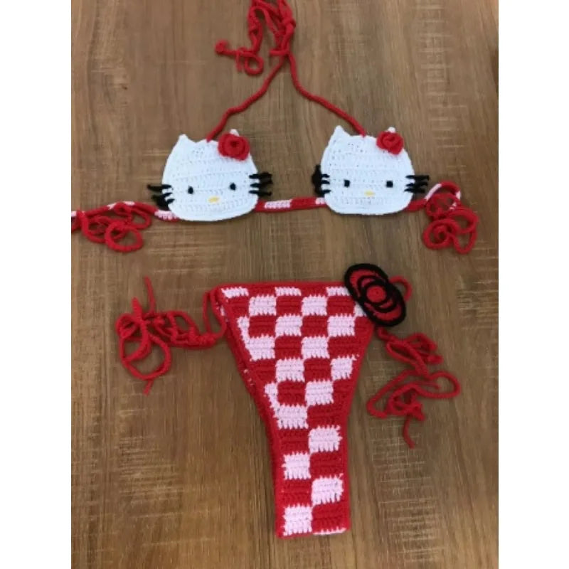 Sanrio Crochet Bikini Set Cute Girls Swimsuits Hello Kitty Sexy Bathing Suit Micro Ties Bikinis Beachwear Women Swimming Suit