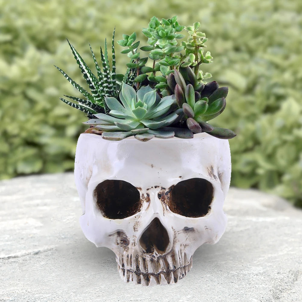 Resin Skull Flower Pot Home Garden Office Decor Planter Container Skeleton Desktop Flower Pot Halloween Skeleton Flowerpot