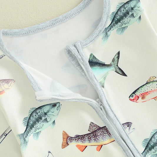 Baby Jumpsuit Long Sleeve Crew Neck Fish Print Zipper Closure Fall Romper Clothes for Boys Girls