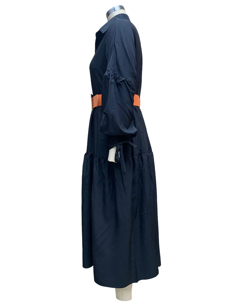 2024 Autumn New Women's Clothing Solid Color Fashionable Temperament Long Sleeved Sleeve Lace Up Casual Mid Length Lapel Dress