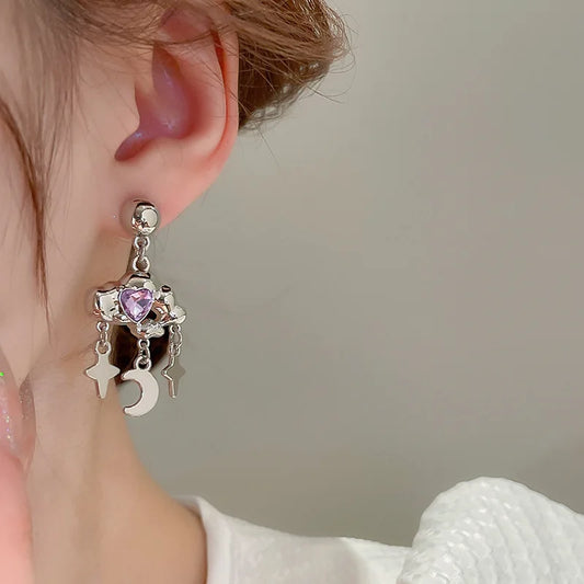 Fashion Purple Zircon Cloud Tassel Earrings For Women Fashion Creative Silver Color Star Moon Pendant Earrings Y2K Party Jewelry