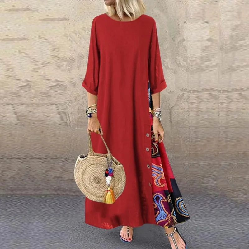 Autumn New Women's Dress Fashion Printed Round Neck Retro Style Patchwork Temperament Commuter Three-quarter Sleeve Long Dress