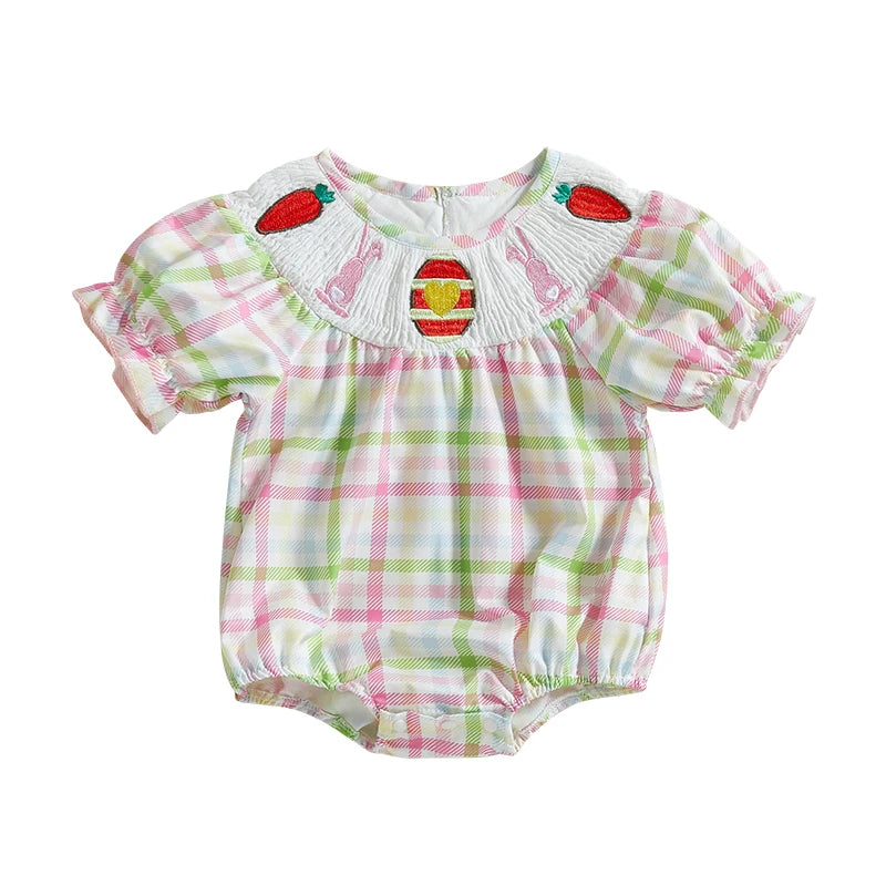 EtherealBe checkered ruffle sleeve baby onesie with embroidered strawberries and vibrant plaid design