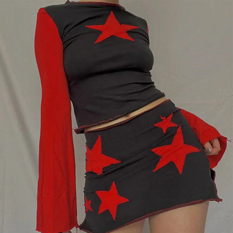 Y2K Flared Long Sleeve Cropped Pentagram Tee and Y2K Gothic Harajuku Streetwear Women's Aesthetic Summer Chic Fabric EMO