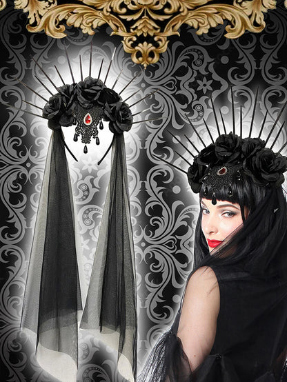 Gothic black rose veil headband adorned with roses and ribbons for a dramatic look